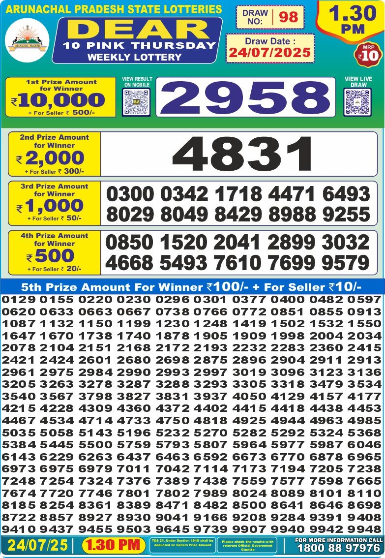 Dear 10 1.30 PM Lottery Result 26/03/25 - Nagaland State Lottery Sambad
