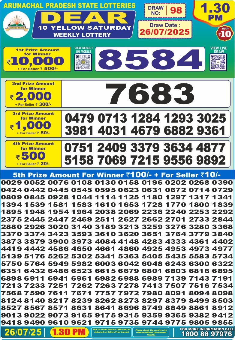 Dear 10 1.30 PM Lottery Result 26/03/25 - Nagaland State Lottery Sambad