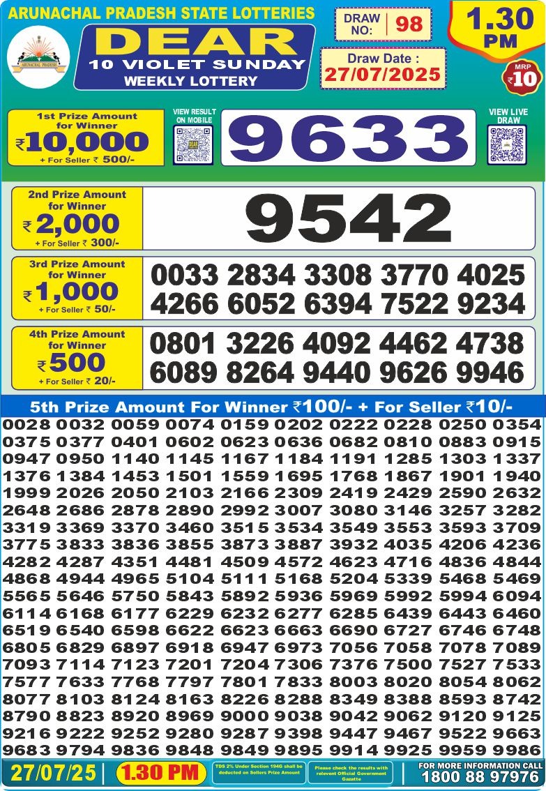 Dear 10 1.30 PM Lottery Result 26/03/25 - Nagaland State Lottery Sambad