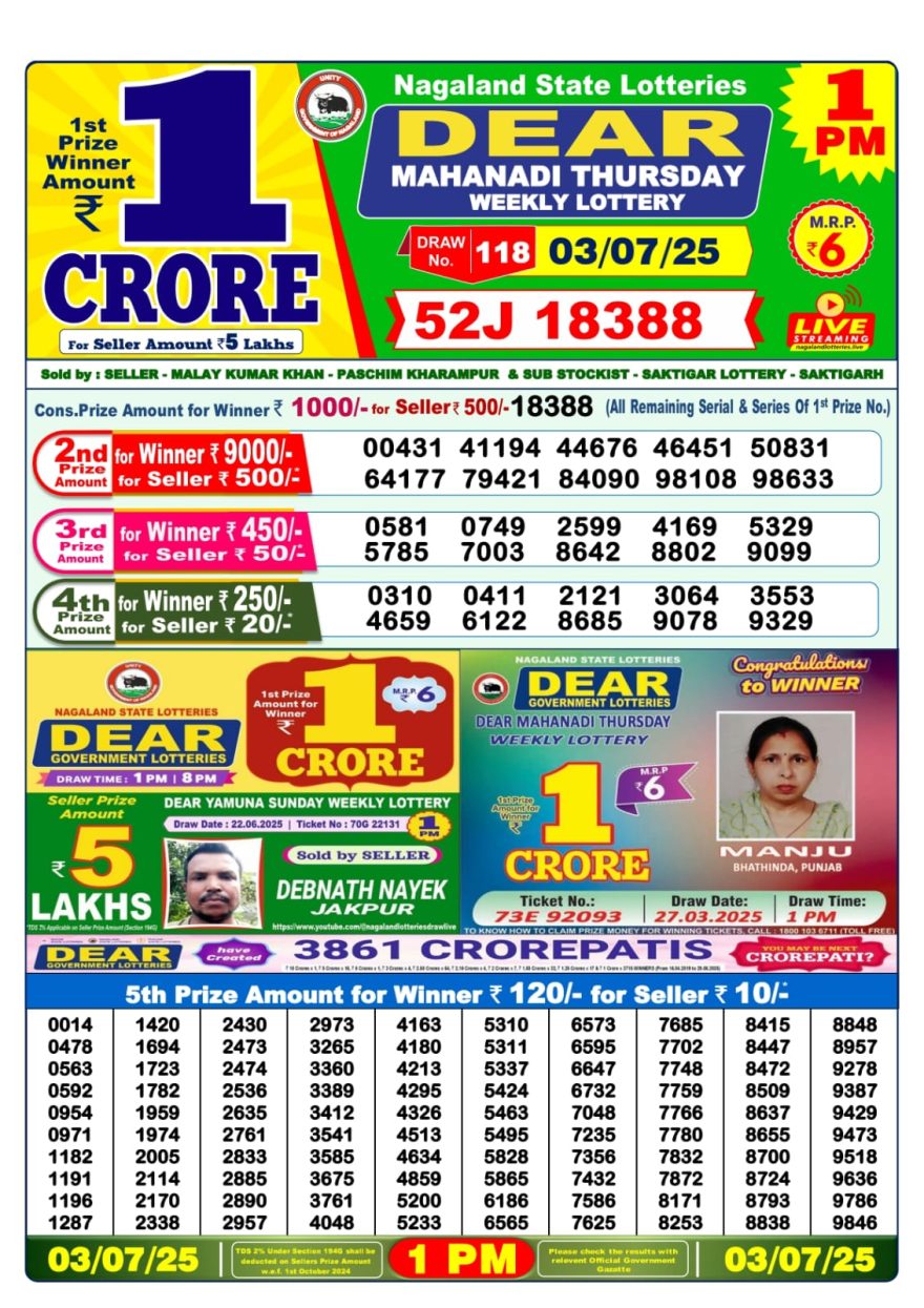 1 PM Lottery Result