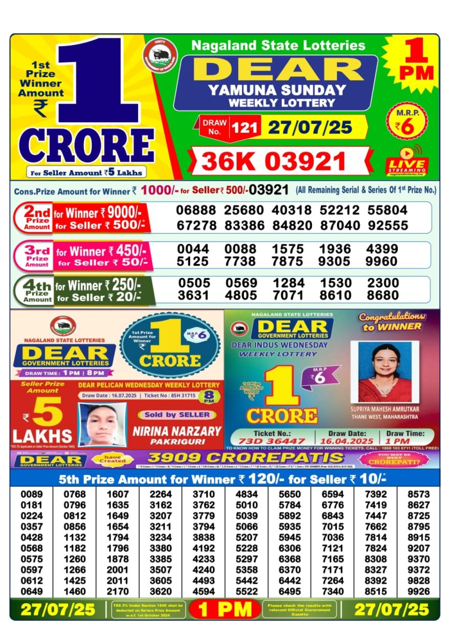 1 PM Lottery Result