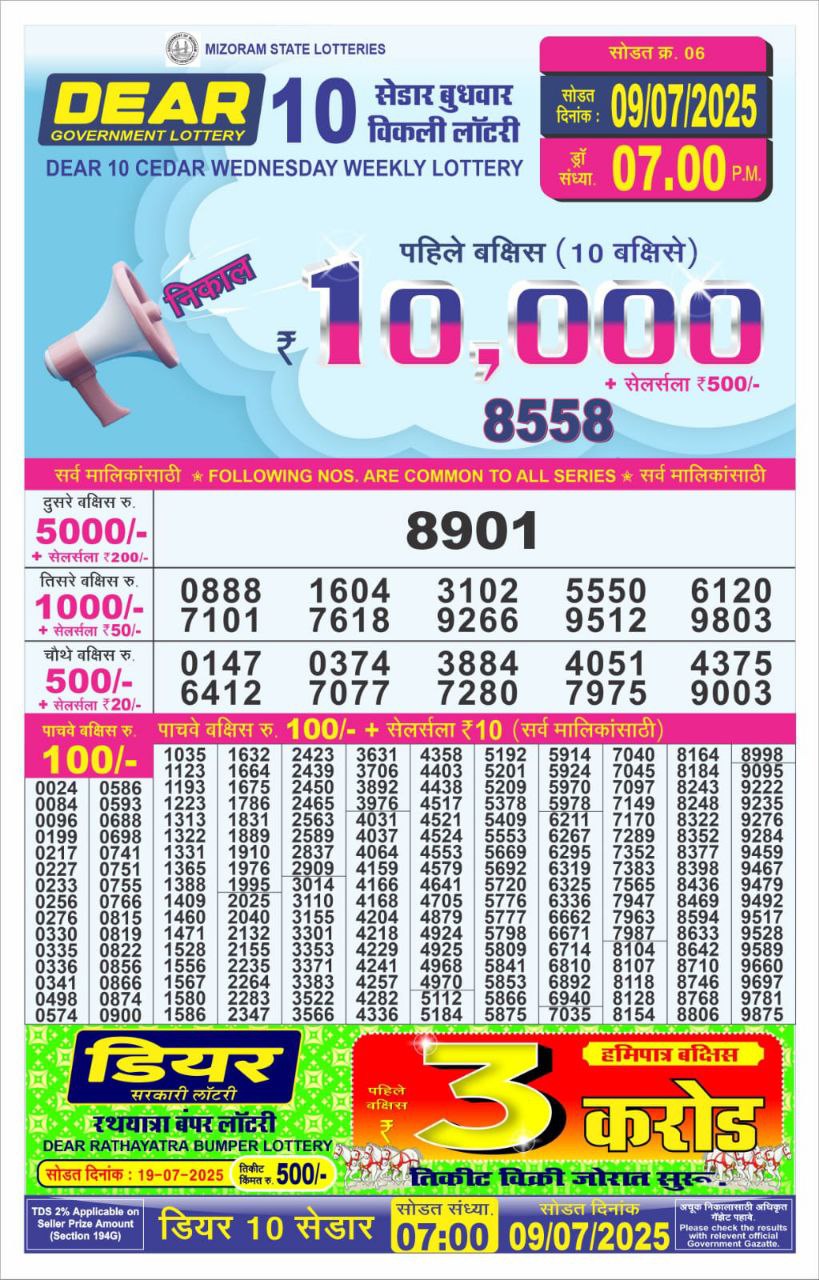 Nagaland State Lottery Dear 10 7 PM Result 26/03/25