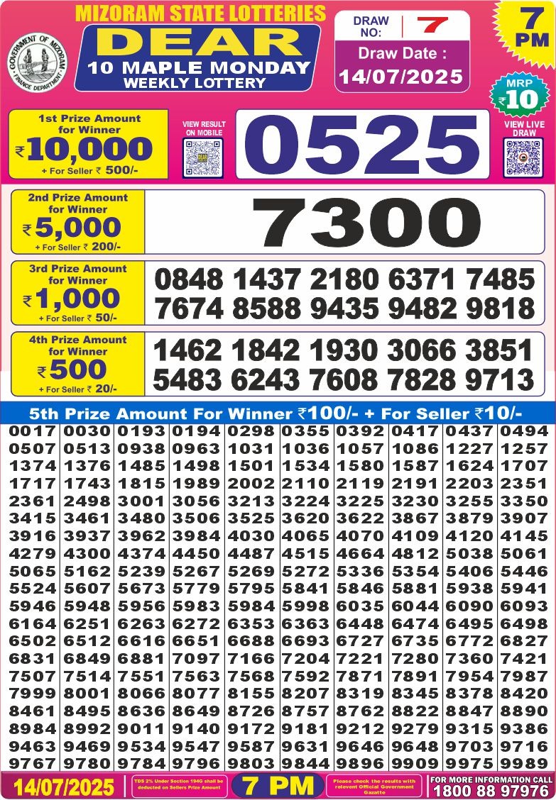 Nagaland State Lottery Dear 10 7 PM Result 26/03/25