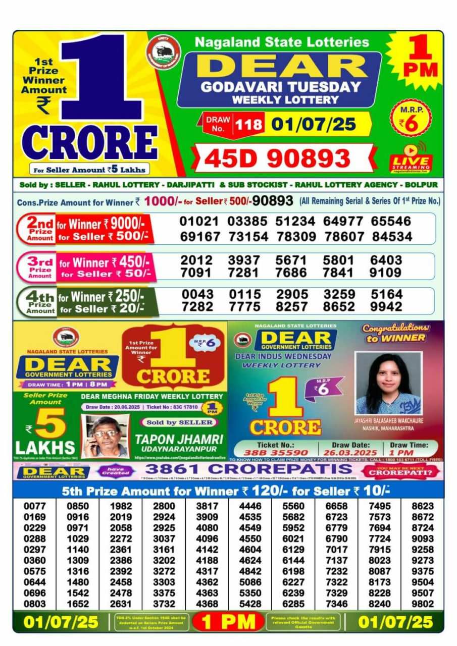 Dear Lottery Result 1 PM – Live Draw Image