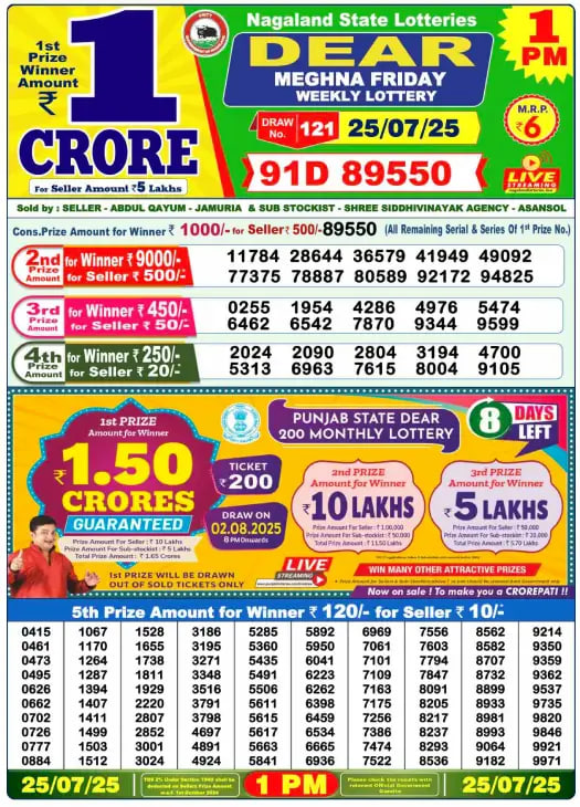 Dear Lottery Result 1 PM – Live Draw Image