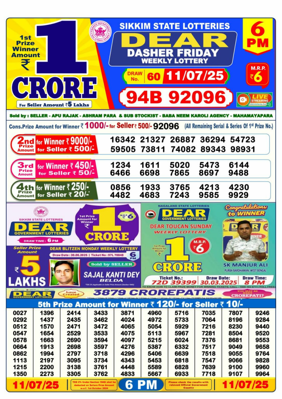 Dear Lottery Result 6 PM – Live Draw Image