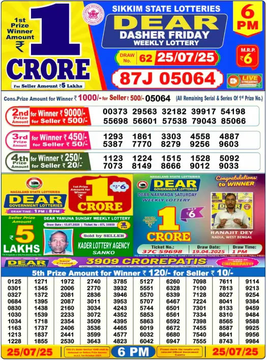 Dear Lottery Result 6 PM – Live Draw Image