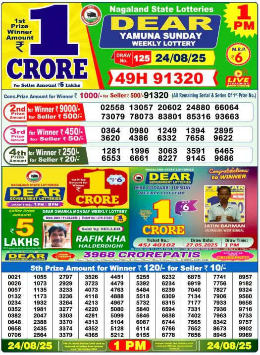 Dear Lottery Result 1 PM – Live Draw Image