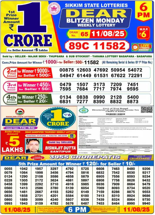Dear Lottery Result 6 PM – Live Draw Image