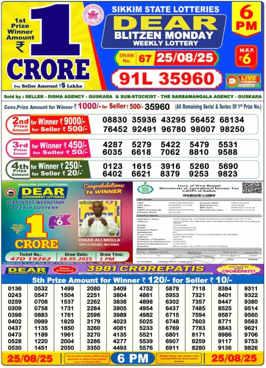 Dear Lottery Result 6 PM – Live Draw Image