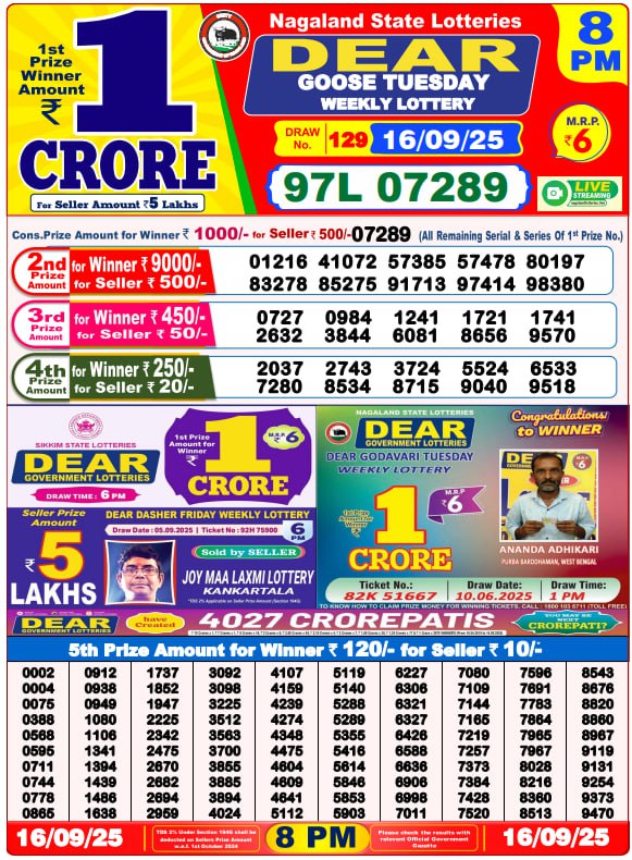 Dear Lottery Result 8 PM – Live Draw Image