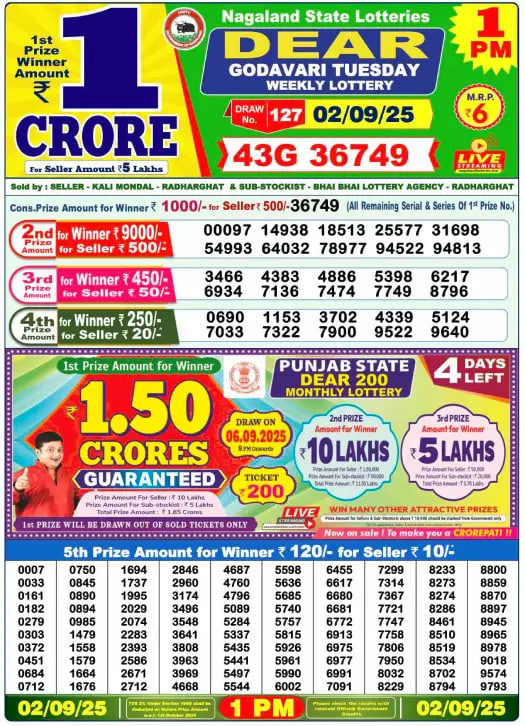 Dear Lottery Result 1 PM – Live Draw Image