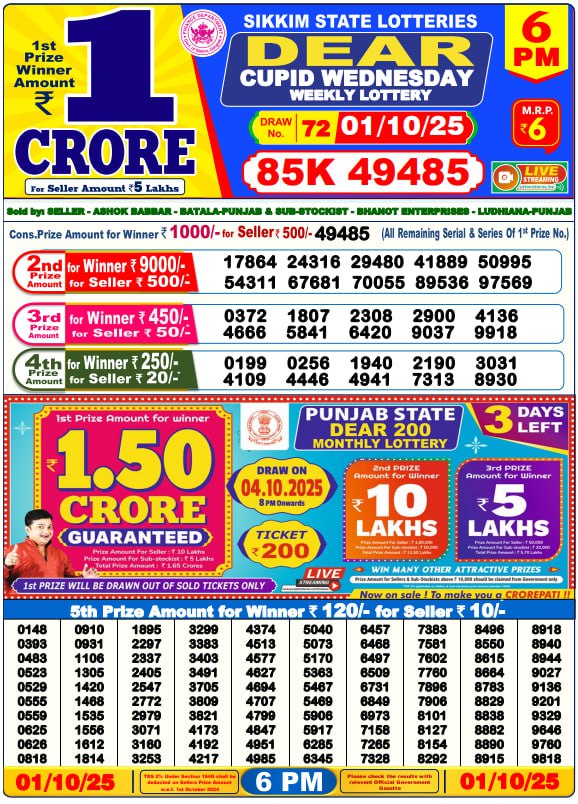 Dear Lottery Result 6 PM – Live Draw Image