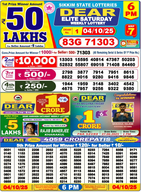 Dear Lottery Result 6 PM – Live Draw Image