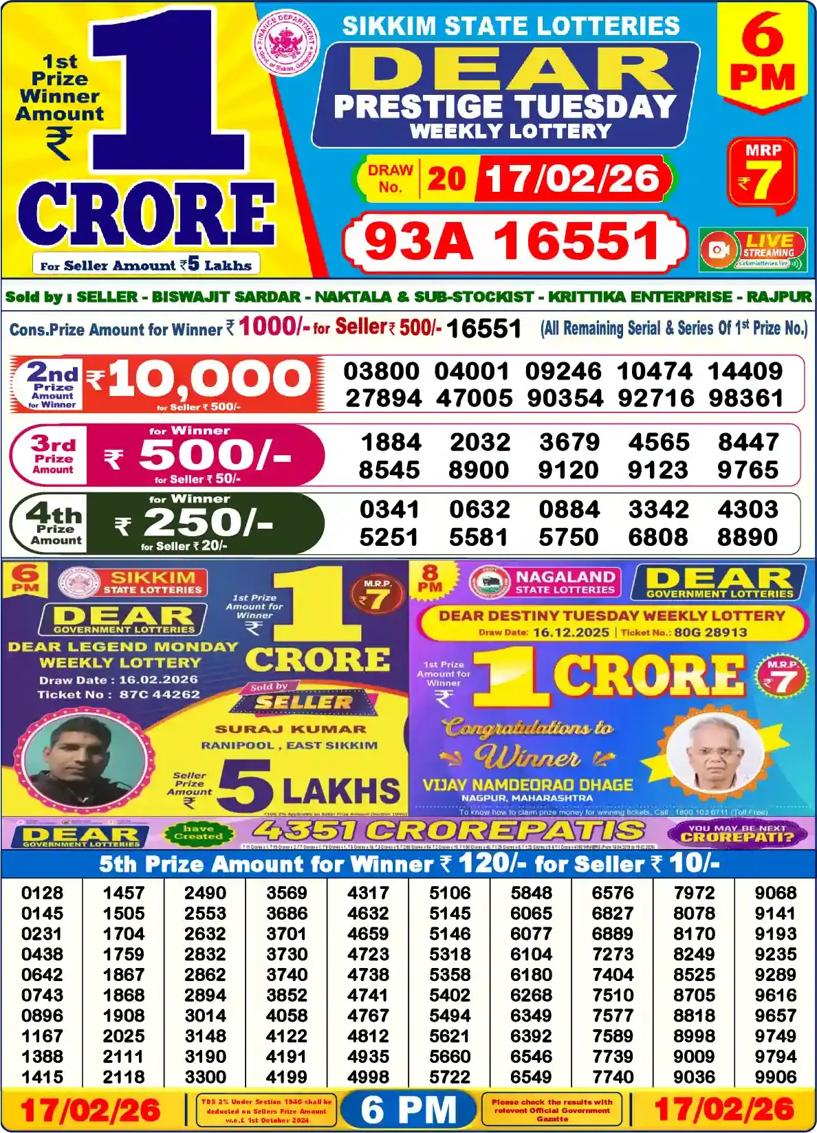 Dear Lottery Result 6&nbsp;PM – Live Draw Image