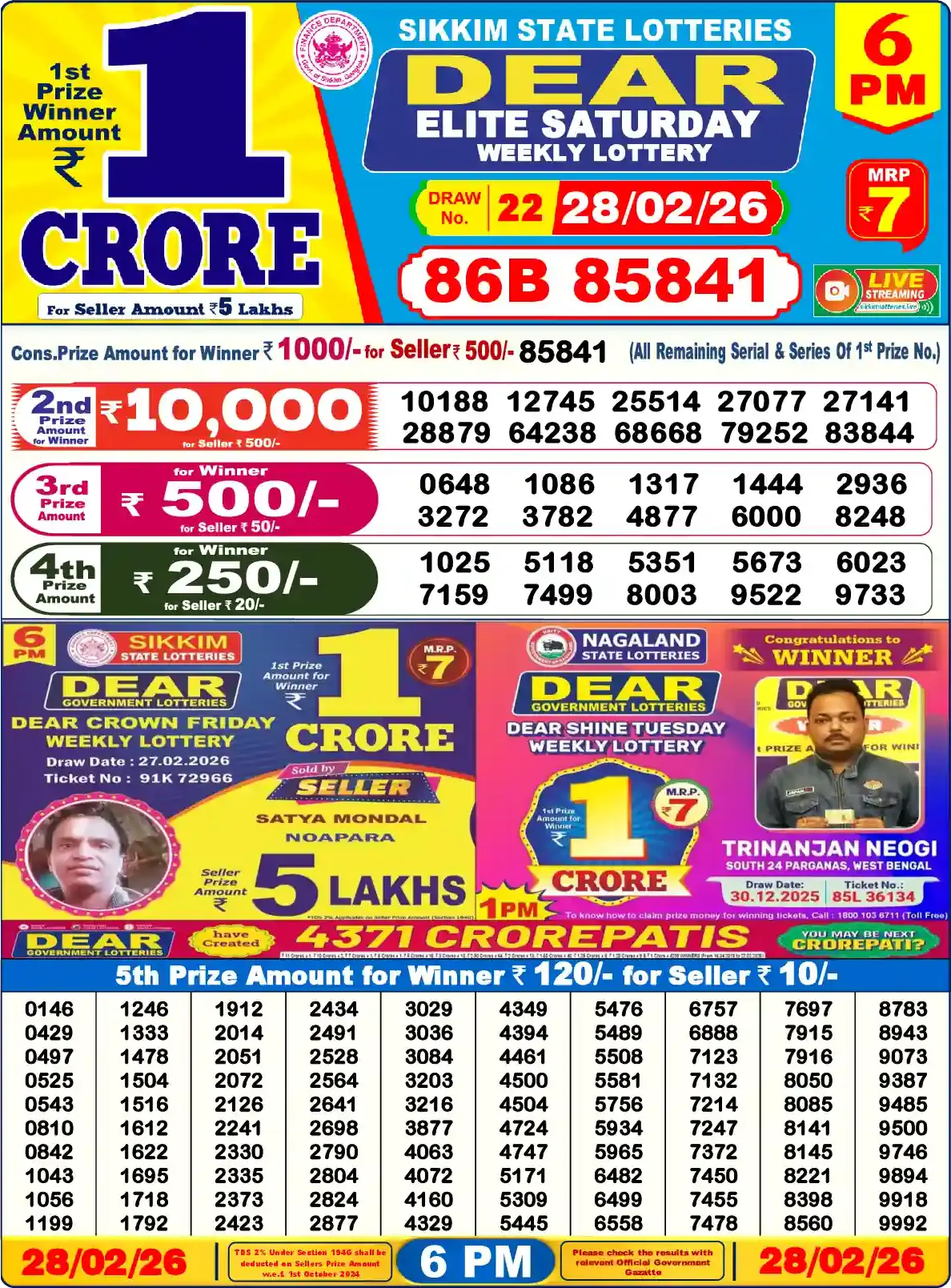 Dear Lottery Result 6&nbsp;PM – Live Draw Image