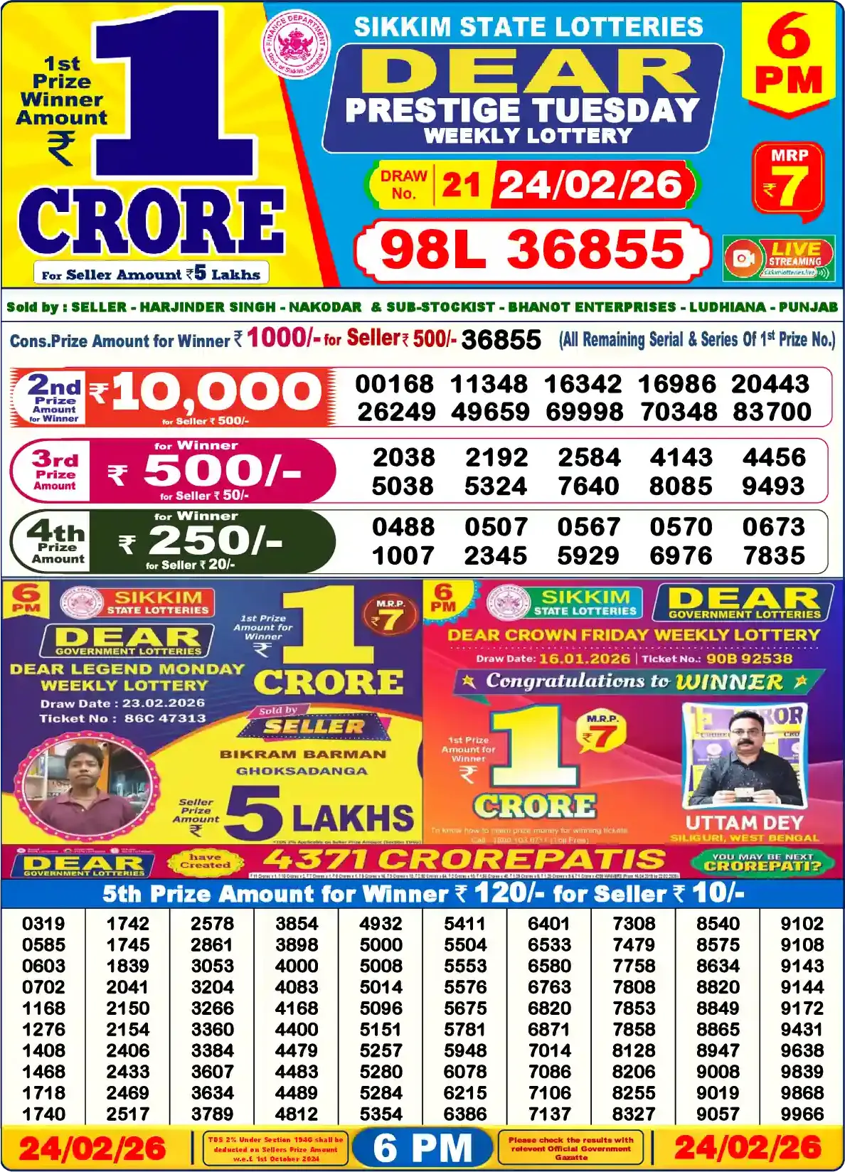 Dear Lottery Result 6&nbsp;PM – Live Draw Image