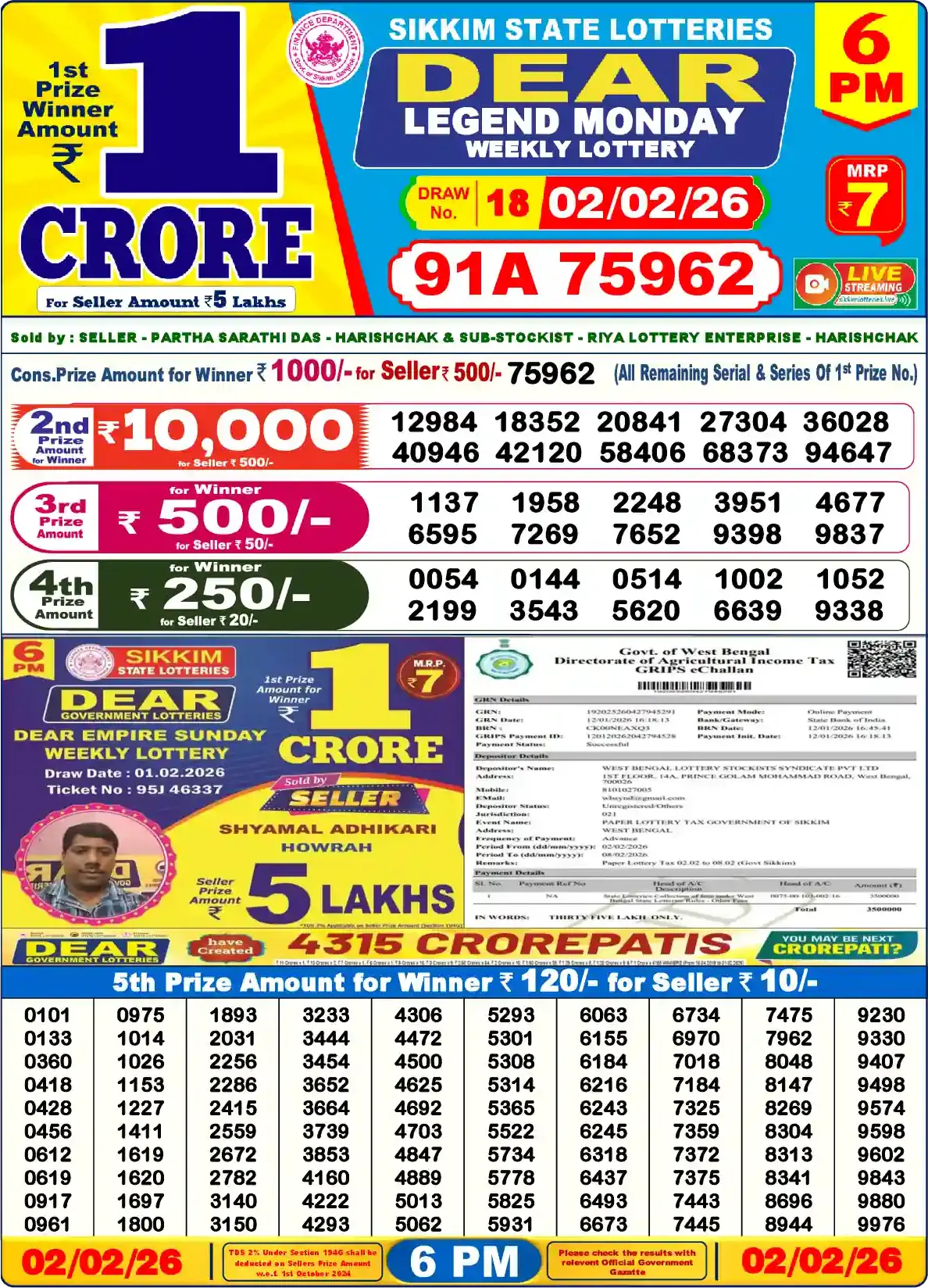 Dear Lottery Result 6&nbsp;PM – Live Draw Image