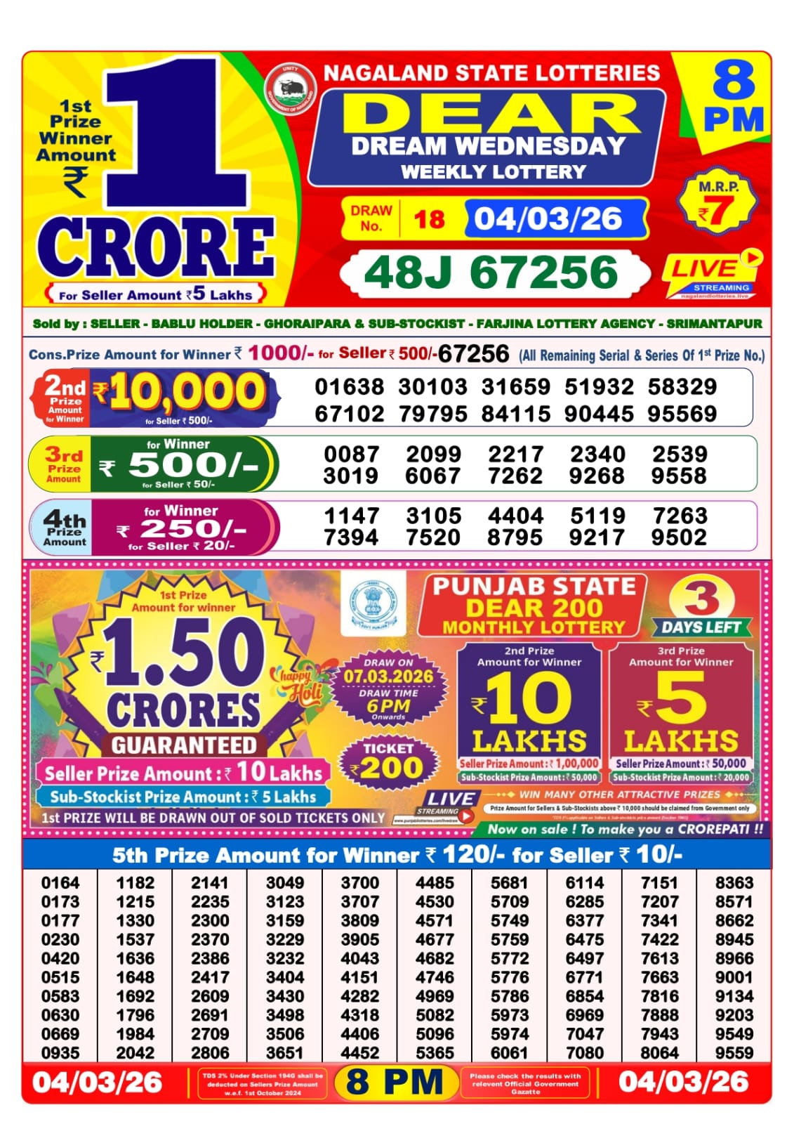 Dear Lottery 8 PM Result