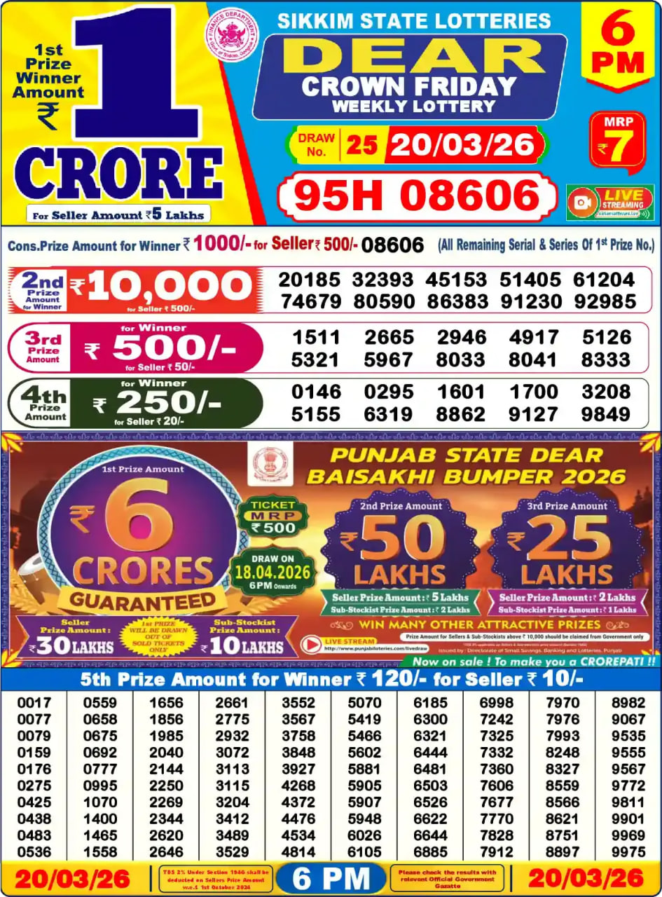 Dear Lottery Result 6&nbsp;PM – Live Draw Image