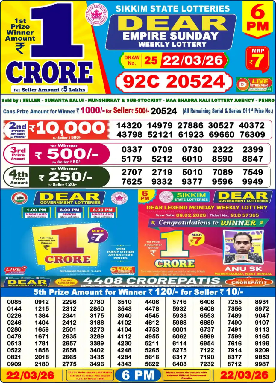 Dear Lottery Result 6&nbsp;PM – Live Draw Image