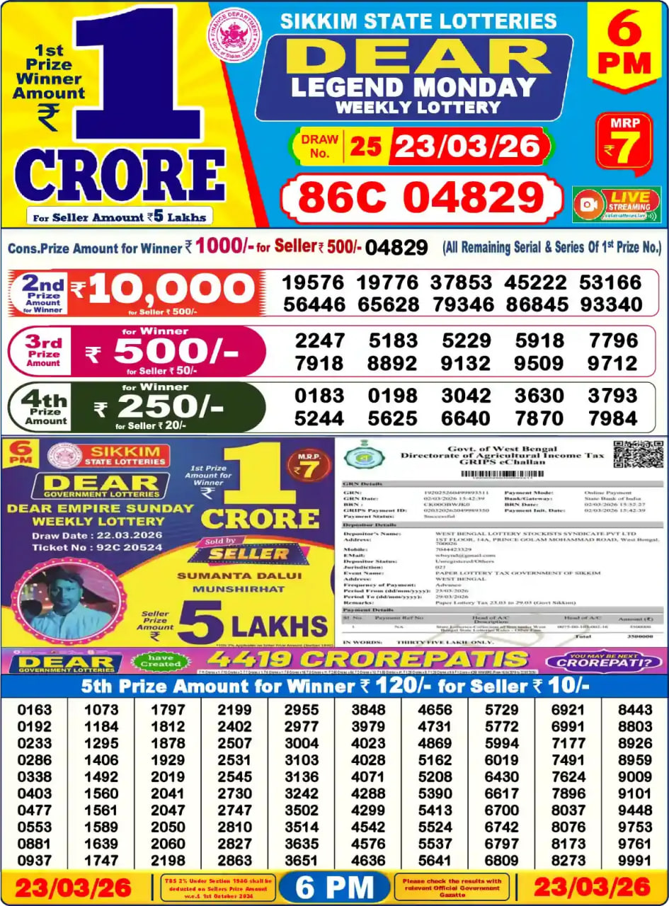 Dear Lottery6 PM Result