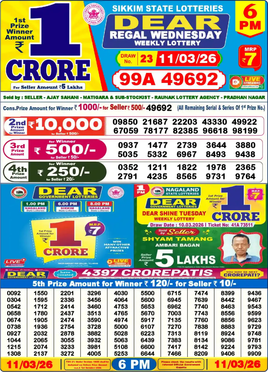 Dear Lottery6 PM Result