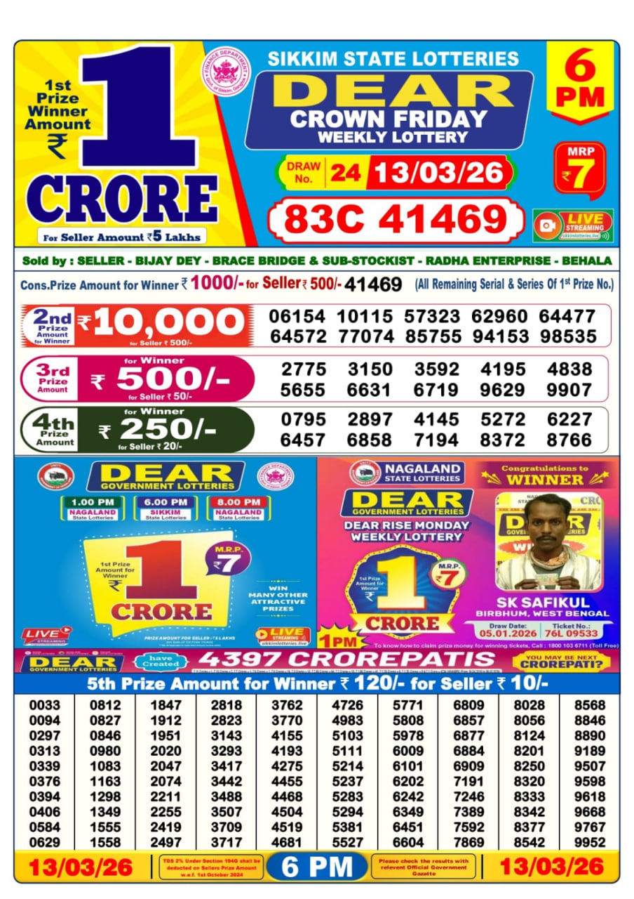 Dear Lottery Result 6&nbsp;PM – Live Draw Image