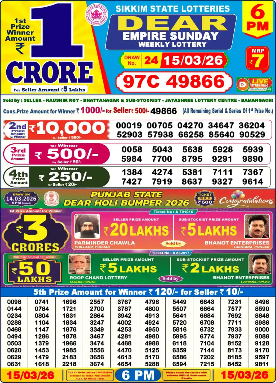 Dear Lottery Result 6&nbsp;PM – Live Draw Image