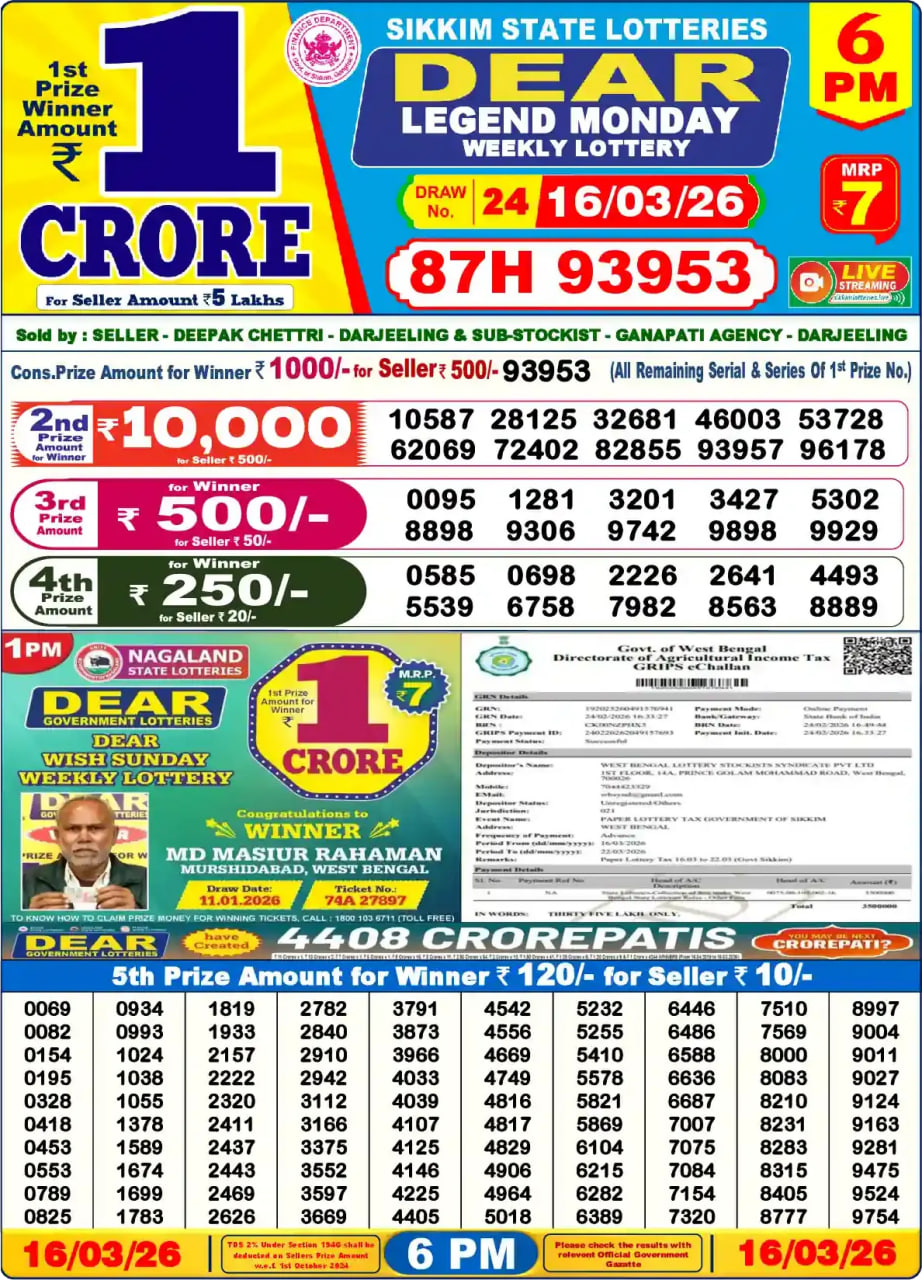 Dear Lottery Result 6&nbsp;PM – Live Draw Image