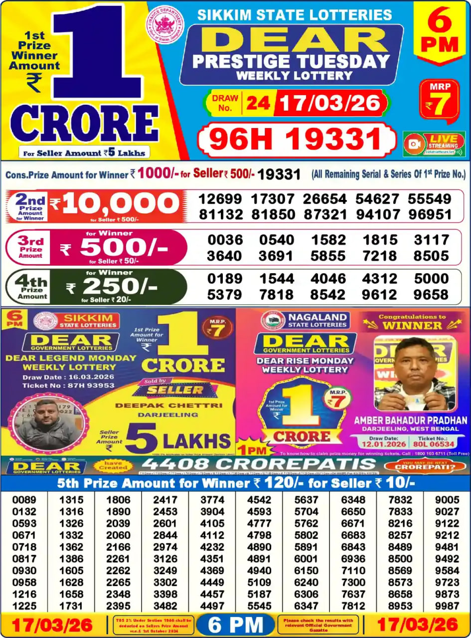 Dear Lottery Result 6&nbsp;PM – Live Draw Image