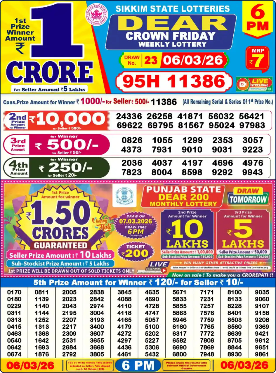 Dear Lottery Result 6&nbsp;PM – Live Draw Image