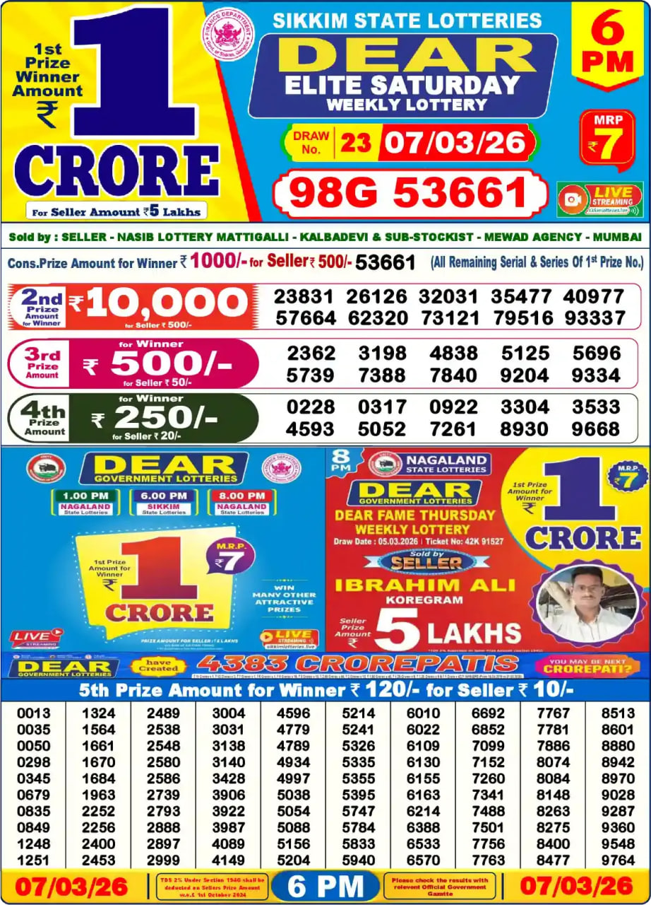 Dear Lottery Result 6&nbsp;PM – Live Draw Image